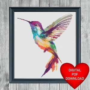 Colourful Watercolor Hummingbird Cross Stitch Pattern, Instant PDF Download, X Stitching Bird, 14ct Aida, Embroidery, 30 DMC Floss Threads