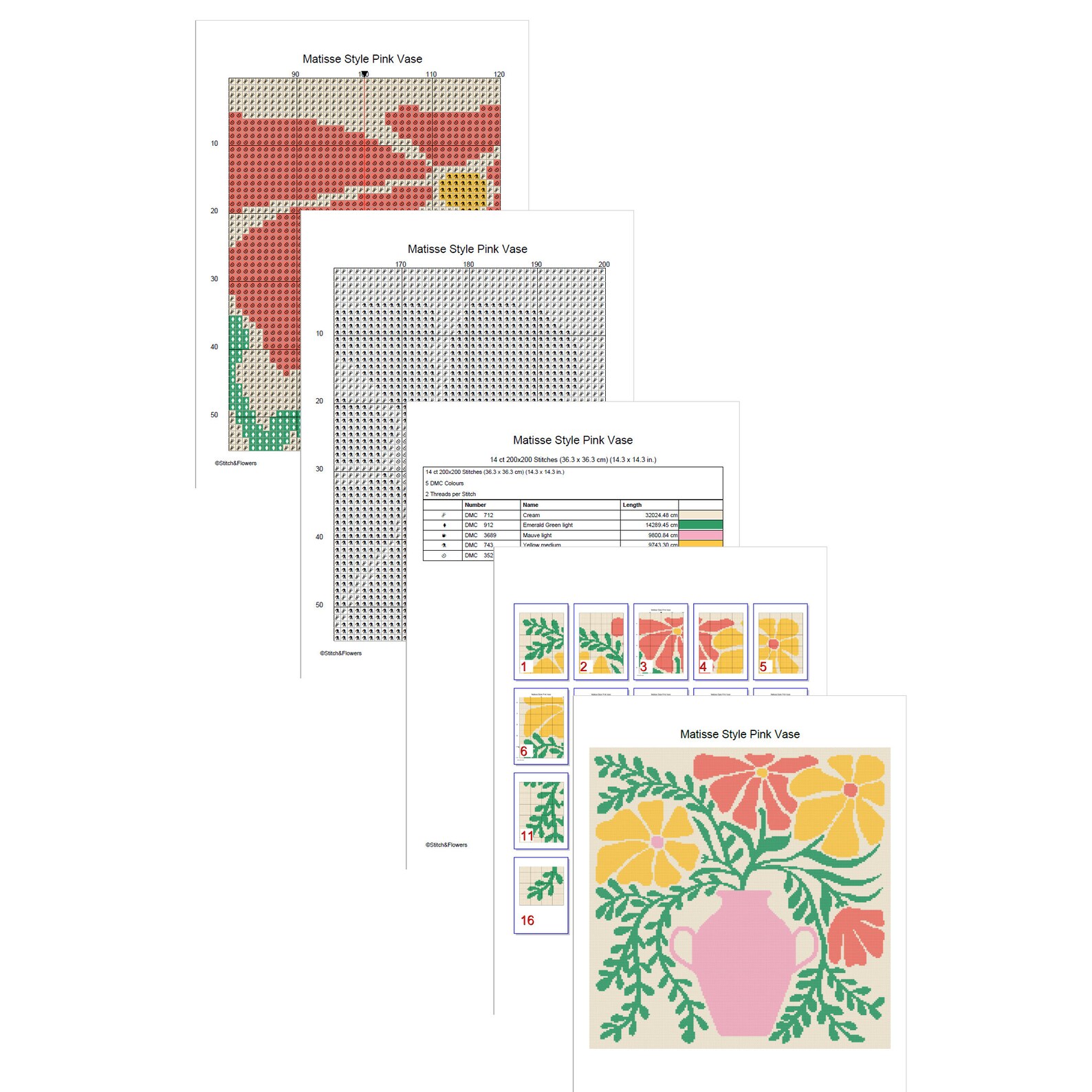 Cross Stitch Matisse Style Pink Vase Floral Pattern Art, Instant PDF ...