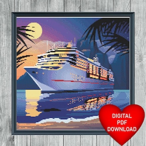 Cruise Ship Tropical Moonlight Lagoon Cross Stitch Pattern, Instant PDF Download, X Stitch Pattern, 14ct Aida, Embroidery, Cross Stitch, DMC