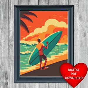 Korsstygnsmönster, Surfer Dude, Solnedgång, Bokliv, Direkt PDF-nedladdning, 14ct Aida, Broderigarn, DMC-garn, Semester