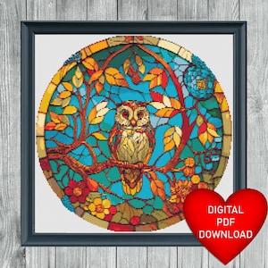 Cross Stitch Pattern Owl Stained Glass Window Art, Instant PDF Download, X Stitch, Embroidery, DMC Floss Threads, 14ct Aida Fabric