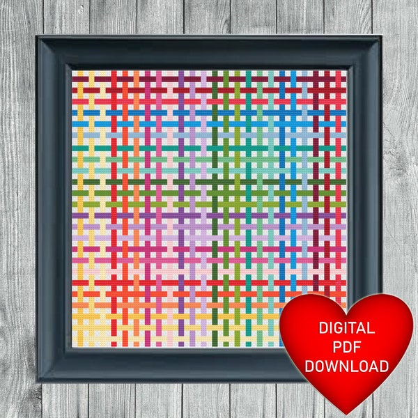 Woven Ribbon Cross Stitch Pattern, Instant PDF Download, X Stitching, 14ct Aida, Embroidery, DMC Floss Thread, Colourful Criss Cross Art