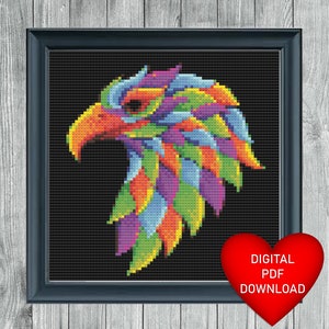 Bunter Adlerkopf Kreuzstichmuster, sofortiger PDF Download, X-Stich Muster, 14ct Aida, Stickerei, DMC-Garne, Tattoo Kreuzstich