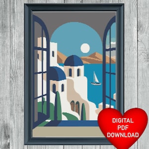 Cross Stitch Pattern, Santorini Island, Instant PDF Download, 14ct Aida, Embroidery Threads, DMC Floss, Cyclades Island, Aegean Sea