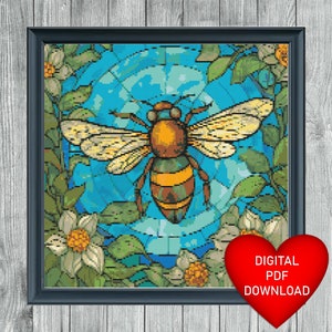 Cross Stitch Pattern Bee Stained Glass Window Style, Instant PDF Download, X Stitch Pattern, 14ct Aida, Embroidery, DMC Floss Threads