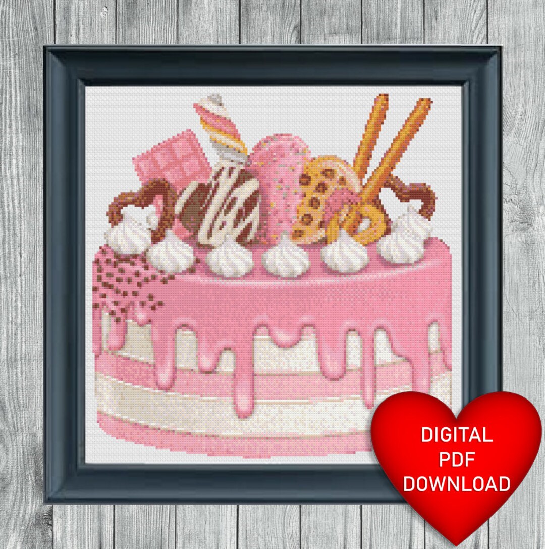 Pink Birthday Cake Cross Stitch Pattern, Instant PDF Download, X ...