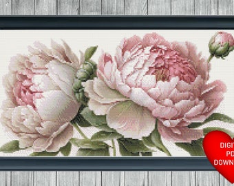 Pink Peony Flower Cross Stitch Pattern, Instant PDF Download, X Stitch Pattern, 14ct Aida, Embroidery, DMC Threads, Peonies