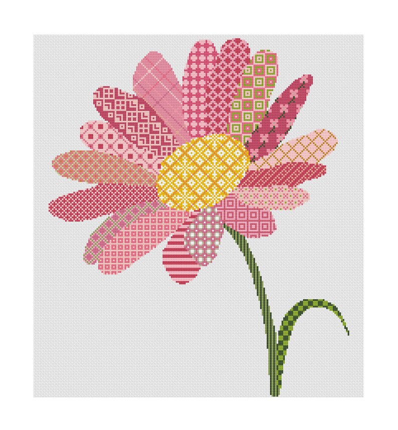 May include: A pink and yellow patchwork flower with a green stem and leaves. The flower is made up of different patterns and textures.