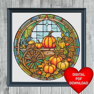 Kreuzstich Muster, Glasmalerei Stil Kürbis Warenkorb, sofortiger PDF Download, Stickerei, DMC Zahnseide, 14ct Aida Stoff, Halloween