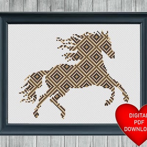 Brown Running Horse Patchwork Style Cross Stitch Pattern, Instant PDF Download, X Stitching, 14ct Aida, Embroidery, DMC Floss Threads