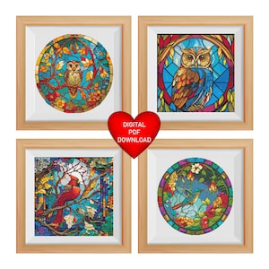 Cross Stitch Pattern, Set of 4 Stained Glass Window Bird Pictures, Instant PDF Download, DMC Floss Threads, 14ct Aida Fabric, Bird Art