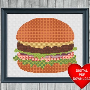 Korsstygnsmönster Patchwork Burger, Direkt PDF-nedladdning, X-stygnsmönster, 14ct Aida, Broderi, DMC-garn, Nötköttsostmat