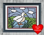 Cross Stitch Pattern, Stained Glass Window Style Duck and Pond, Instant PDF Download, X Stitching, 14ct Aida, Embroidery, DMC Floss Threads