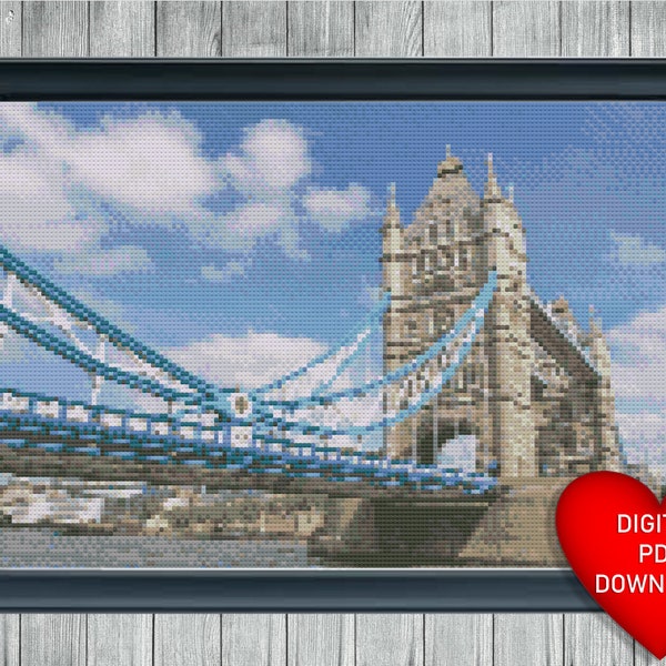 Tower Bridge London England, Cross Stitch Pattern, Instant PDF Download, X Stitch Pattern, 14ct Aida, Embroidery, DMC Floss Threads, City