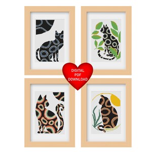Cross Stitch Pattern, Set of 4 Cat Patterns, Instant PDF Download, DMC Floss Threads, 14ct Aida Fabric, Four Matisse Cats