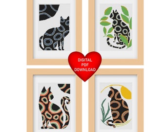 Cross Stitch Pattern, Set of 4 Cat Patterns, Instant PDF Download, DMC Floss Threads, 14ct Aida Fabric, Four Matisse Cats