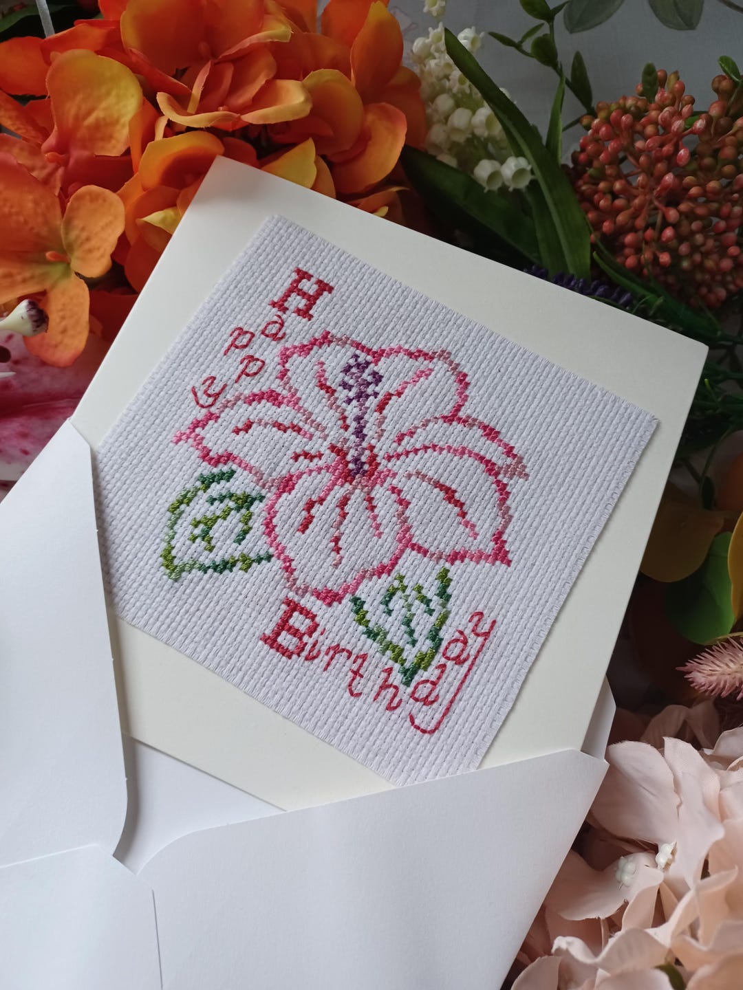 Happy Birthday Hibiscus Flower Cross Stitch Pattern, Instant