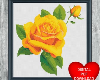 Cross Stitching Pattern of Yellow Rose & Bud, Instant PDF Download, X Stitch Pattern, 14ct Aida, Embroidery, DMC Floss Threads, Rose Stitch
