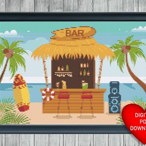May include: A digital cross stitch pattern of a beach bar with a thatched roof, palm trees, a surfboard, and a sign that says "BAR".