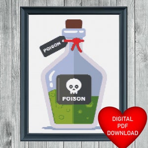 May include: A digital cross stitch pattern of a green poison bottle with a skull and crossbones label. The bottle has a cork stopper and a red ribbon tied around the neck. The label reads "Poison".