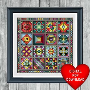 May include: A digital PDF cross stitch pattern featuring a colorful quilt block design with geometric shapes in shades of red, green, blue, yellow, and orange.