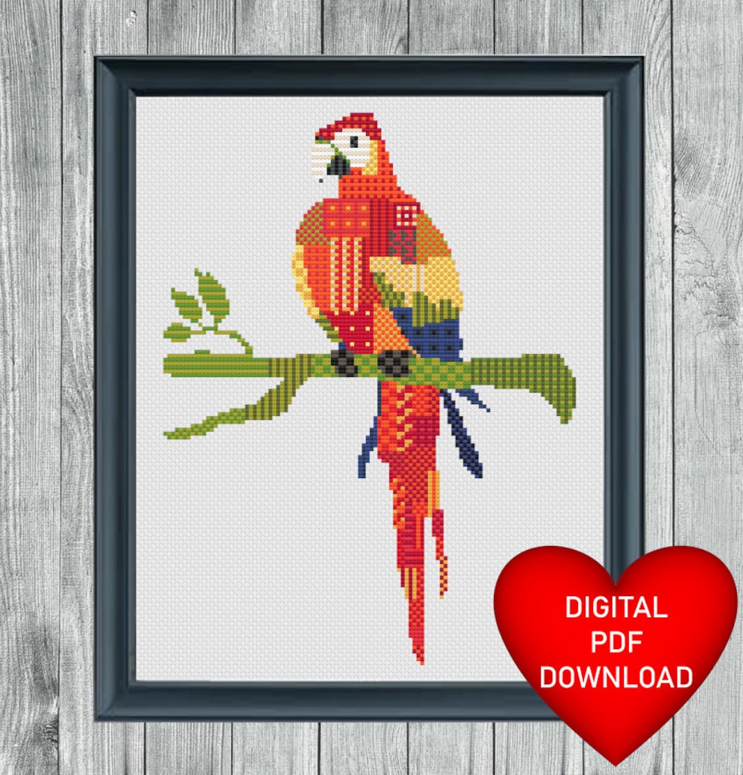 Patchwork Parrot Cross Stitch Pattern Red Patchwork Parrot, Instant PDF Download, X ...