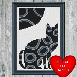 Patrón de punto de cruz de gato negro con círculo azul, Descarga instantánea de PDF, Patrón de punto X, Aida de 14 quilates, Bordado, Hilos de aguja, Hilo DMC
