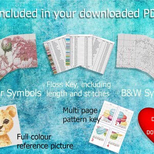 May include: A digital download for a cross stitch pattern. The image shows a color symbol chart, a black and white symbol chart, a floss key, a full color reference picture of a cheetah, and a multi-page pattern key. The text on the image says "Included in your downloaded PDF", "Colour Symbols", "Floss Key, including length and stitches", "B&W Symbols", "Multi page pattern key", "Full colour reference picture", and "DIGITAL PDF DOWNLOAD".