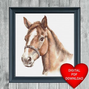 Watercolor Style Brown & White Horse Cross Stitch Pattern, Instant PDF Download, X Stitch Pattern, 14ct Aida, Embroidery, DMC Floss Threads