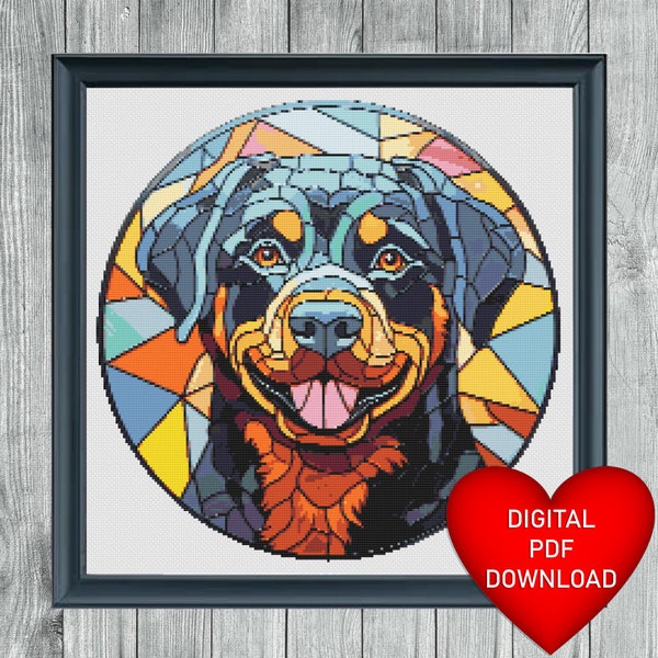 Patrón de punto de cruz, Rottweiler estilo vidriera, Descarga instantánea de PDF, Costura X, Bordado, Hilos de hilo DMC, Perrito