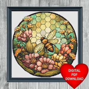 Cross Stitch Pattern Bee and Flowers Stained Glass Window, Instant PDF Download, X Stitch Pattern, 14ct Aida, Embroidery, DMC Floss Threads