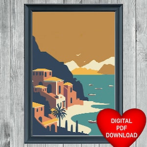 Patrón de punto de cruz, Pueblo de Positano en Italia, Descarga instantánea de PDF, Aida de 14 ct, Hilos de bordar, Hilo dental DMC, Costa de Amalfi, Paisaje