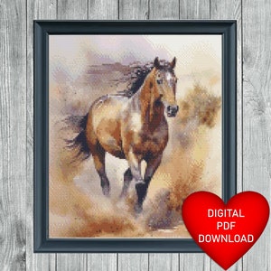 Watercolour Style Horse Galloping Cross Stitch Pattern, Instant PDF Download, X Stitch Pattern, 14ct Aida, Embroidery, DMC Floss Threads