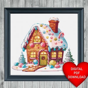 Puede incluir: Una casa de jengibre colorida con decoraciones de caramelo, rodeada de nieve y bastones de caramelo. La casa tiene un techo marrón, paredes blancas y ventanas con luces brillantes. Hay dos árboles pequeños a cada lado de la casa.