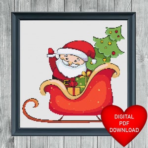 May include: A digital cross stitch pattern featuring a cartoon Santa Claus in a red sleigh with a green Christmas tree. The pattern is available for instant download.