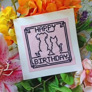 Joyeux anniversaire chat chien silhouette noire, motif point de croix, carte, téléchargement PDF instantané, couture en X, Aida 14 carats, fil DMC, fabrication artisanale