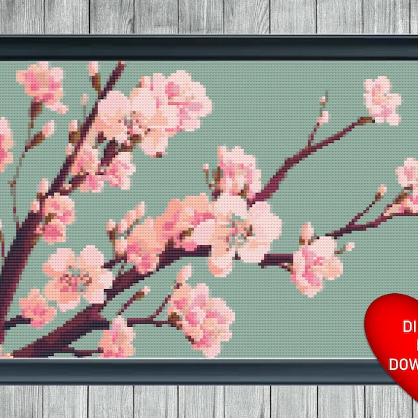 Cross Stitch Pattern, Cherry Blossom Branch, Instant PDF Download, X Stitch Pattern, 14ct Aida, Embroidery, DMC Threads, Pink Flower Art
