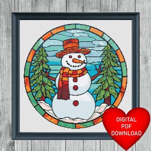 Cross Stitch Pattern, Stained Glass Style Snowman, Instant PDF Download, X Stitching, Embroidery, DMC Floss Threads, Christmas Frosty