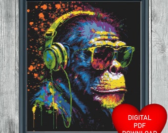 Colourful Ape Wearing Headphones Cross Stitch Pattern, Instant PDF Download, X Stitching, Embroidery, DMC Floss Threads, Funky Monkey