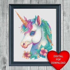 Bright Coloured Unicorn Cross Stitch Pattern, Instant PDF Download, Magical X Stitching, 14ct Aida, Embroidery, DMC Floss Threads
