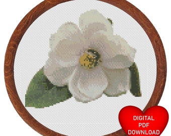Ivory Magnolia Cross Stitch Pattern, Instant PDF Download, X Stitch Pattern, 14ct Aida, Embroidery Thread, Needle Thread, DMC Floss, Flowers