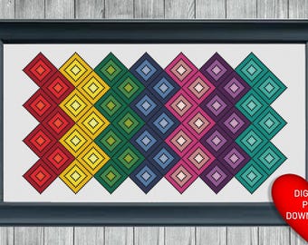 Patchwork Quilt Style Cross Stitch Pattern Art, Instant PDF Download, X Stitching, 14ct Aida, Embroidery, DMC Floss Threads, Rainbow