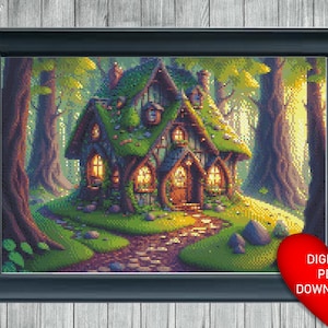 May include: A digital painting of a whimsical, moss-covered cottage nestled in a lush green forest. The cottage has a stone path leading to its entrance and windows with warm, glowing light. The forest is filled with tall trees and vibrant foliage.