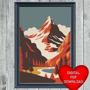 Cross Stitch Pattern, Matterhorn Swiss Alps, Instant PDF Download, 14ct Aida, Embroidery Threads, DMC Floss, Mountain Range, Nature