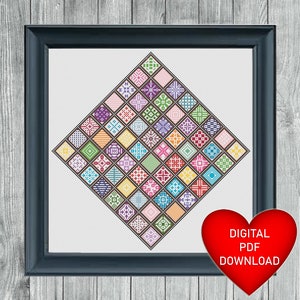 May include: A digital PDF download of a cross stitch pattern featuring a diamond-shaped design with 64 colourful squares. Each square has a different geometric pattern.