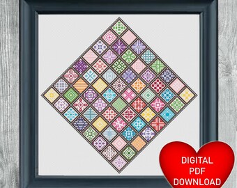 Quaker Cross Stitch Sampler Pattern Style Art, Instant PDF Download, X Stitching, 14ct Aida, Embroidery, DMC Floss Threads, Colour Quilt