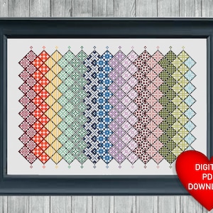 May include: A digital cross stitch pattern featuring a colorful geometric design with a variety of squares and diamonds. The pattern is in a black frame and the text "DIGITAL PDF DOWNLOAD" is on a red heart.