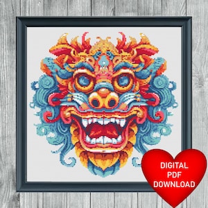 Cross Stitch Pattern Balinese Barong Mask Picture, Instant PDF Download, 14ct Aida, Embroidery Thread, Needle Point, DMC Floss, Chinese Lion