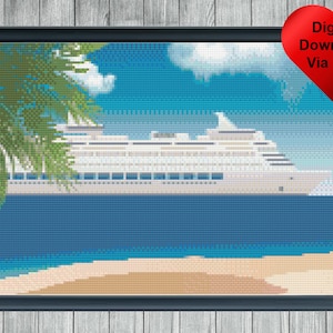 Cruise ship Near Island Beach Cross Stitch Pattern, Instant PDF Download, X Stitch Pattern, 14ct Aida, Embroidery, Cross Stitch, DMC
