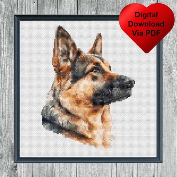 Watercolour Style German Shepherd Cross Stitch Pattern, Instant PDF Download, X Stitch Pattern, 14ct Aida, Needle Thread, DMC, Alsatian Dog